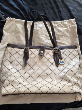 Dooney & Bourke Beige and Brown Logo Tote with Leather Trim